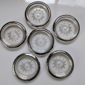 6 Vintage Drink Coasters Glass & Silverplate E.P. Steel Italy HBC Used As Is